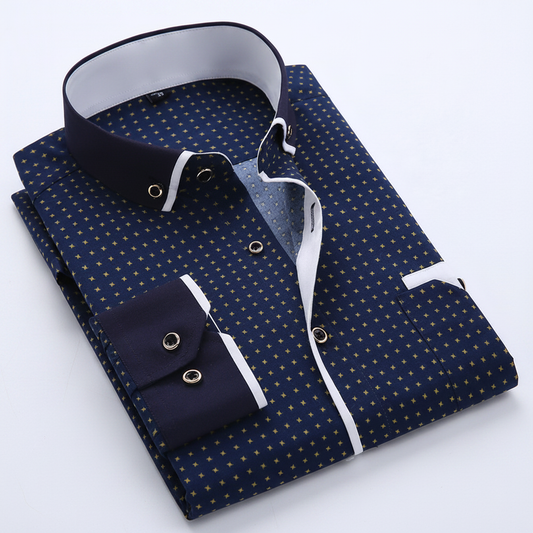 Camisa azul marino con patrón dorado