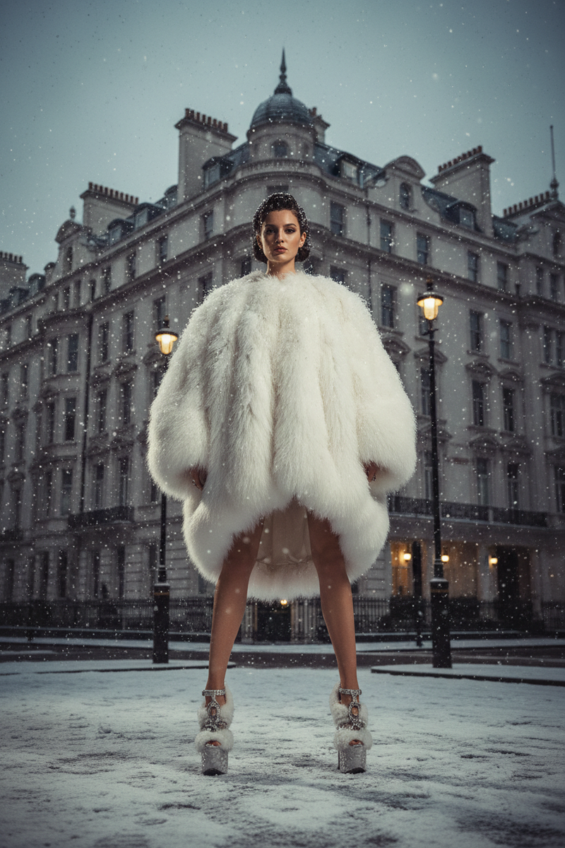 Woman in a white fur coat standing in front of a snowy building